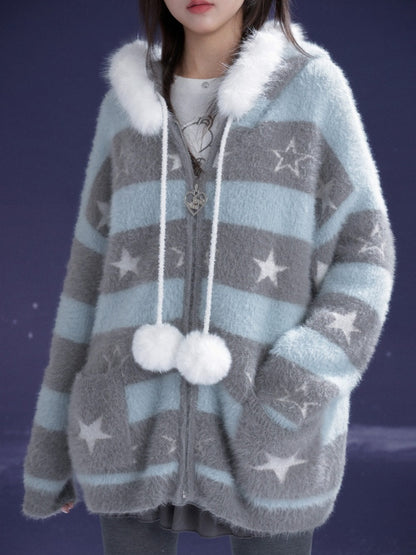 Pom-Pom Fur Hood Striped Star Zip Loose Large Cardigan【s0000015351】