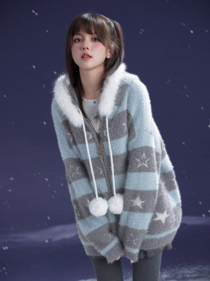 Pom-Pom Fur Hood Striped Star Zip Loose Large Cardigan【s0000015351】