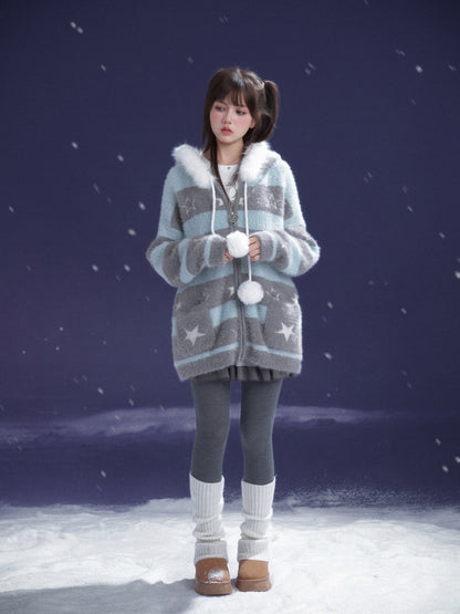 Pom-Pom Fur Hood Striped Star Zip Loose Large Cardigan【s0000015351】