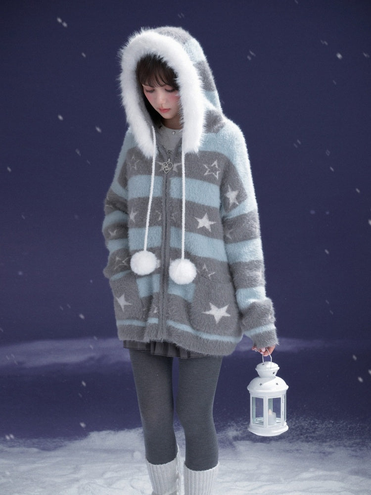 Pom-Pom Fur Hood Striped Star Zip Loose Large Cardigan【s0000015351】