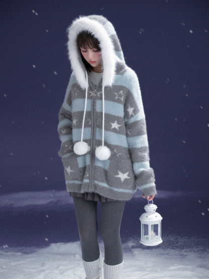 Pom-Pom Fur Hood Striped Star Zip Loose Large Cardigan【s0000015351】