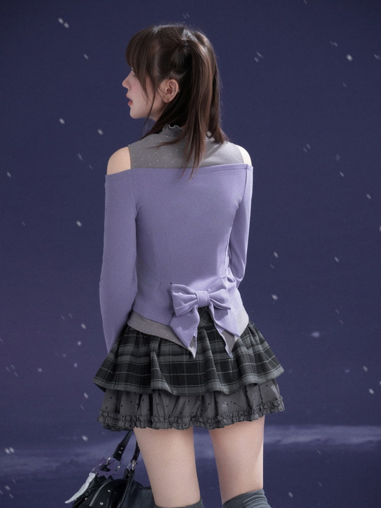 Bow Two-Tone Semi-Turtle Neck Off-Shoulder T-shirt【s0000015353】
