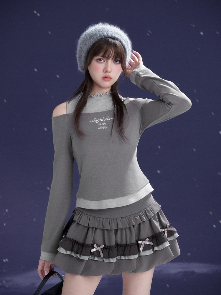 Bow Two-Tone Semi-Turtle Neck Off-Shoulder T-shirt【s0000015353】