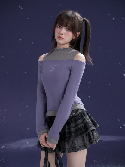 Bow Two-Tone Semi-Turtle Neck Off-Shoulder T-shirt【s0000015353】