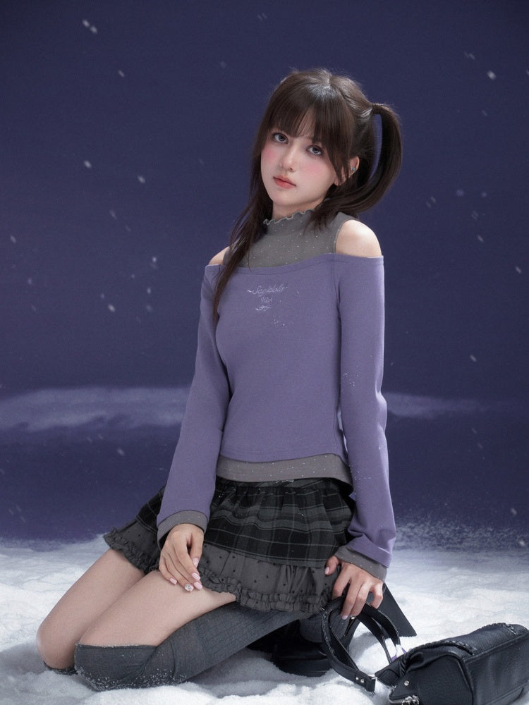 Bow Two-Tone Semi-Turtle Neck Off-Shoulder T-shirt【s0000015353】