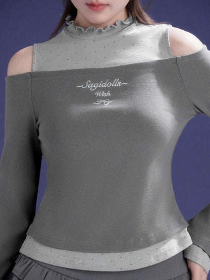 Bow Two-Tone Semi-Turtle Neck Off-Shoulder T-shirt【s0000015353】