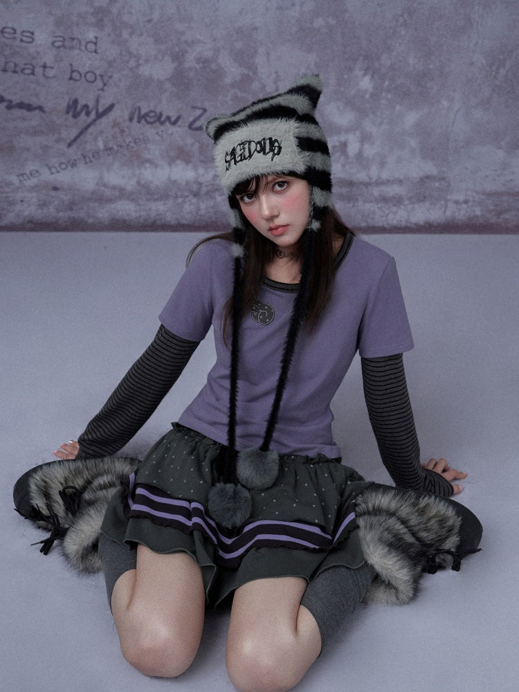 Pom-Pom Striped Imitation Mink Fur Cat Ear Hat【s0000015354】