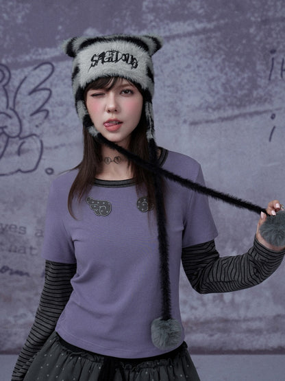 Pom-Pom Striped Imitation Mink Fur Cat Ear Hat【s0000015354】