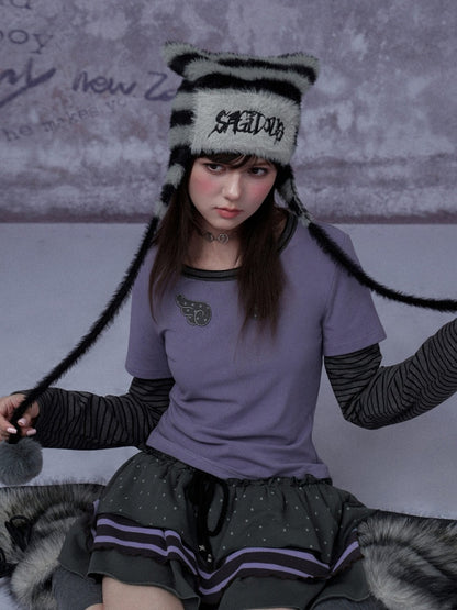 Pom-Pom Striped Imitation Mink Fur Cat Ear Hat【s0000015354】