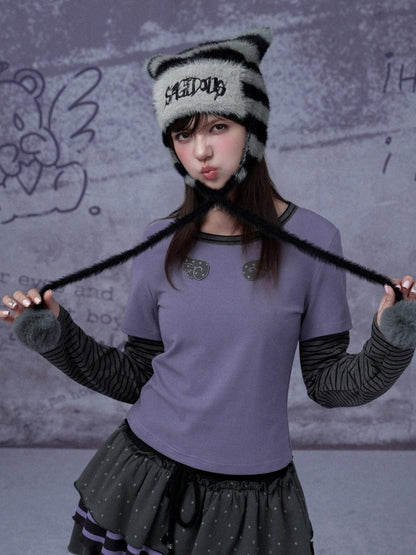 Pom-Pom Striped Imitation Mink Fur Cat Ear Hat【s0000015354】