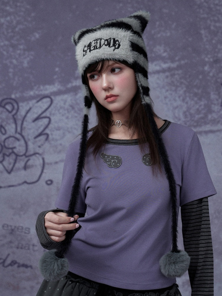 Pom-Pom Striped Imitation Mink Fur Cat Ear Hat【s0000015354