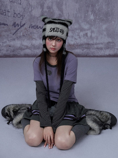 Pom-Pom Striped Imitation Mink Fur Cat Ear Hat【s0000015354】