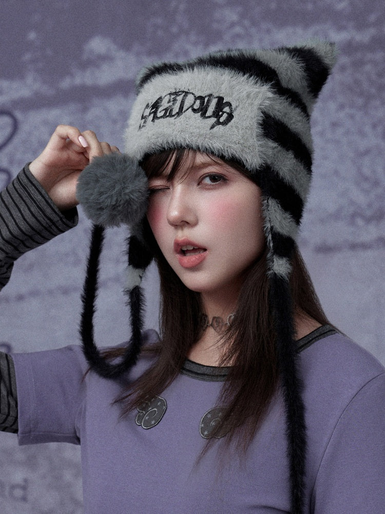 Pom-Pom Striped Imitation Mink Fur Cat Ear Hat【s0000015354】