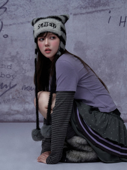 Pom-Pom Striped Imitation Mink Fur Cat Ear Hat【s0000015354】