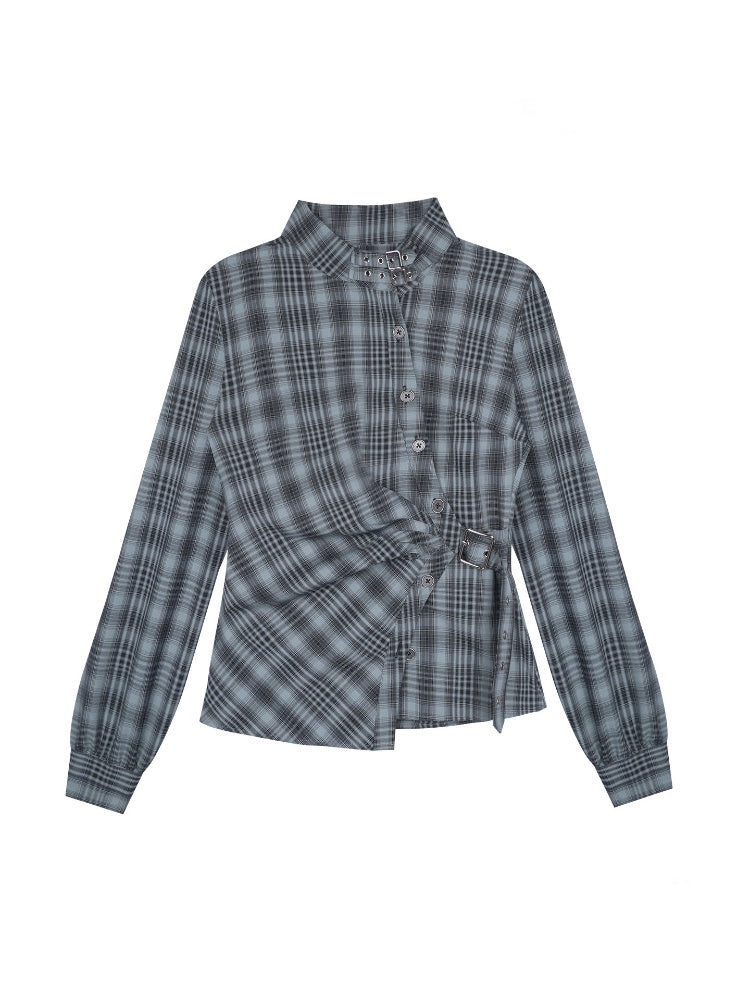 H-Shaped Slim Waist Plaid Irregular Placket Long-Sleeved Shirt【s0000015355】