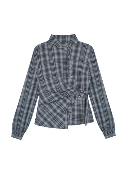 H-Shaped Slim Waist Plaid Irregular Placket Long-Sleeved Shirt【s0000015355】