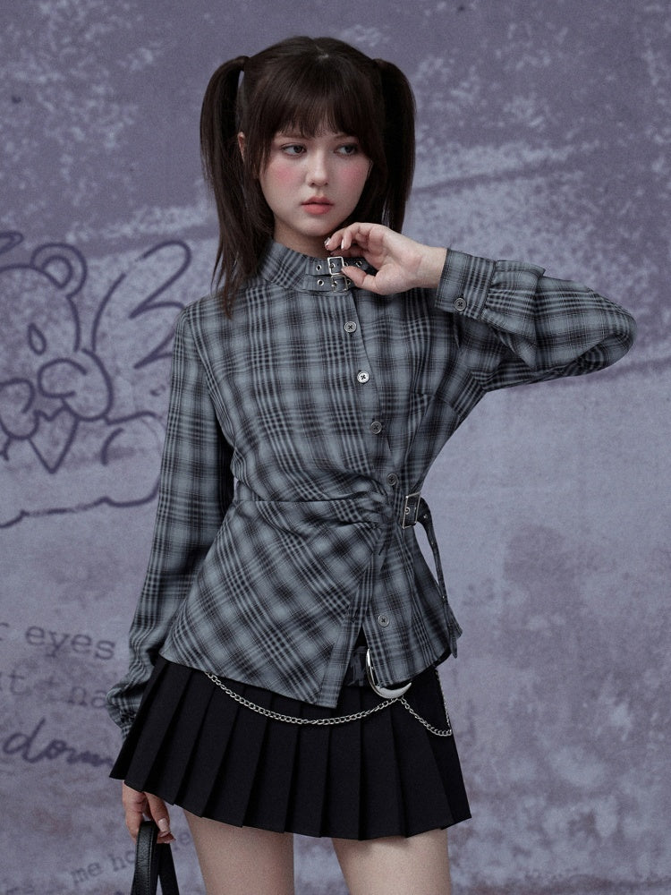 H-Shaped Slim Waist Plaid Irregular Placket Long-Sleeved Shirt【s0000015355】