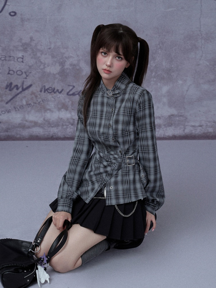 H-Shaped Slim Waist Plaid Irregular Placket Long-Sleeved Shirt【s0000015355】