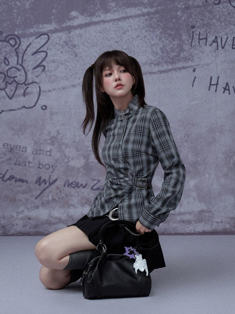 H-Shaped Slim Waist Plaid Irregular Placket Long-Sleeved Shirt【s0000015355】