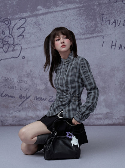 H-Shaped Slim Waist Plaid Irregular Placket Long-Sleeved Shirt【s0000015355】