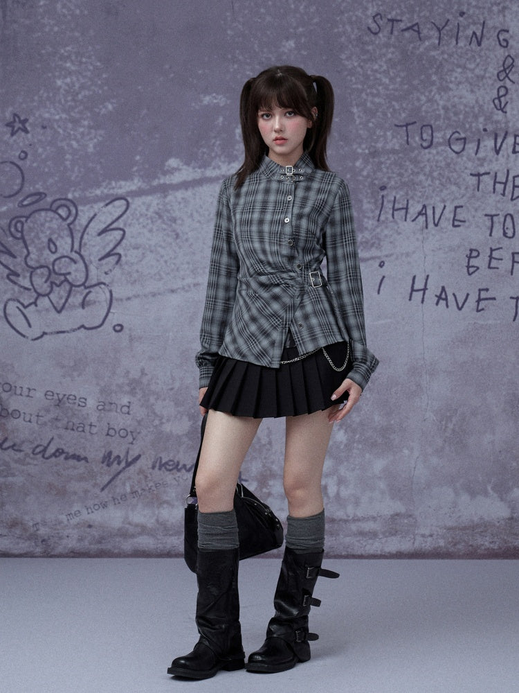 H-Shaped Slim Waist Plaid Irregular Placket Long-Sleeved Shirt【s0000015355】