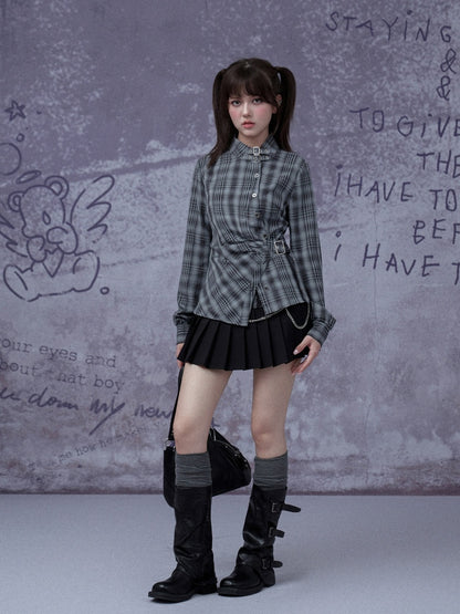 H-Shaped Slim Waist Plaid Irregular Placket Long-Sleeved Shirt【s0000015355】