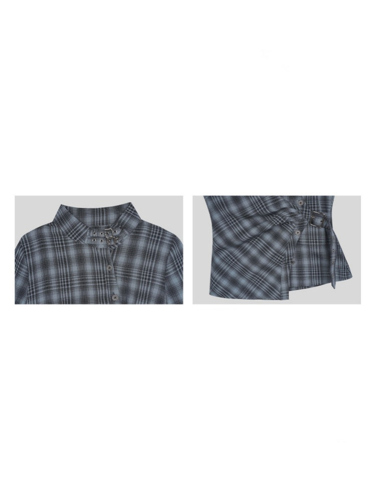 H-Shaped Slim Waist Plaid Irregular Placket Long-Sleeved Shirt【s0000015355】