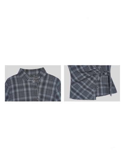 H-Shaped Slim Waist Plaid Irregular Placket Long-Sleeved Shirt【s0000015355】