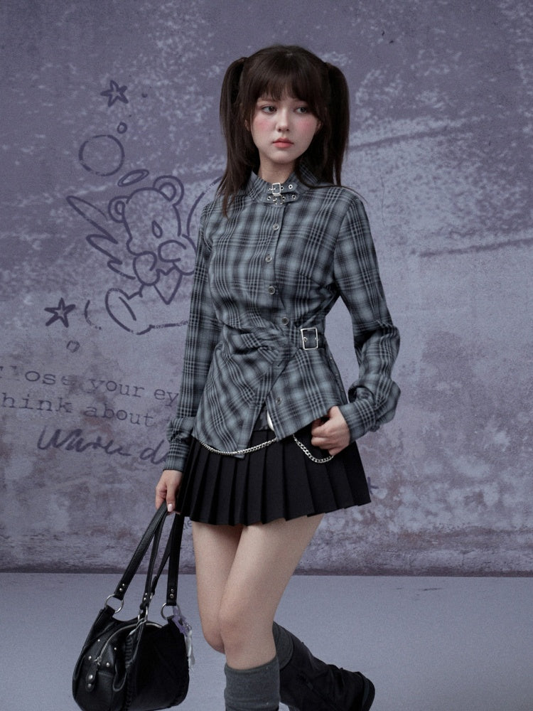 H-Shaped Slim Waist Plaid Irregular Placket Long-Sleeved Shirt【s0000015355】