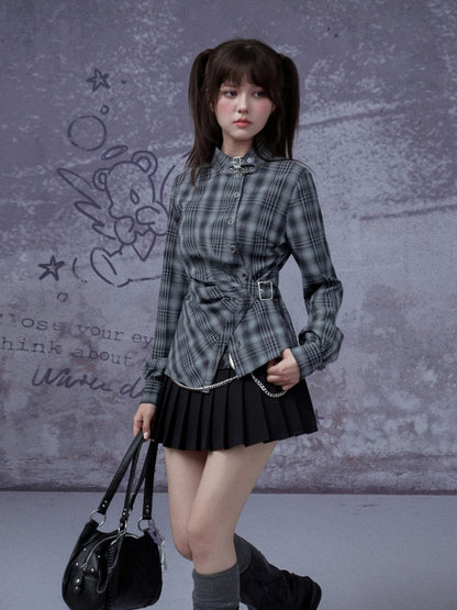 H-Shaped Slim Waist Plaid Irregular Placket Long-Sleeved Shirt【s0000015355】
