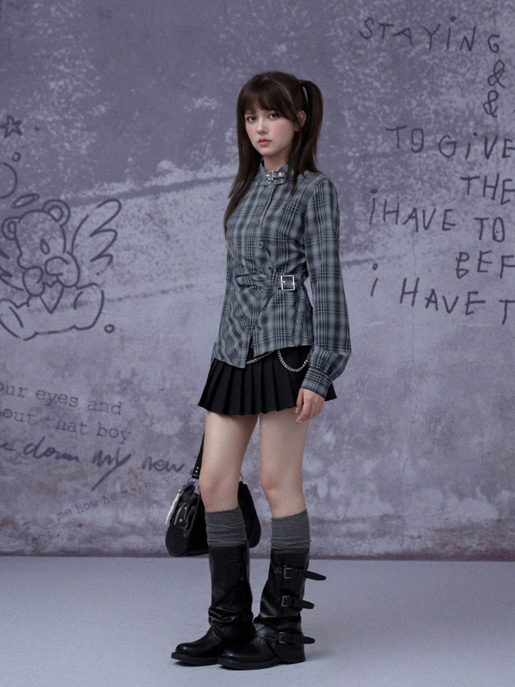 H-Shaped Slim Waist Plaid Irregular Placket Long-Sleeved Shirt【s0000015355】