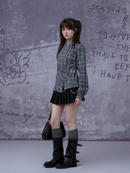 H-Shaped Slim Waist Plaid Irregular Placket Long-Sleeved Shirt【s0000015355】