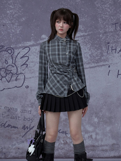 H-Shaped Slim Waist Plaid Irregular Placket Long-Sleeved Shirt【s0000015355】
