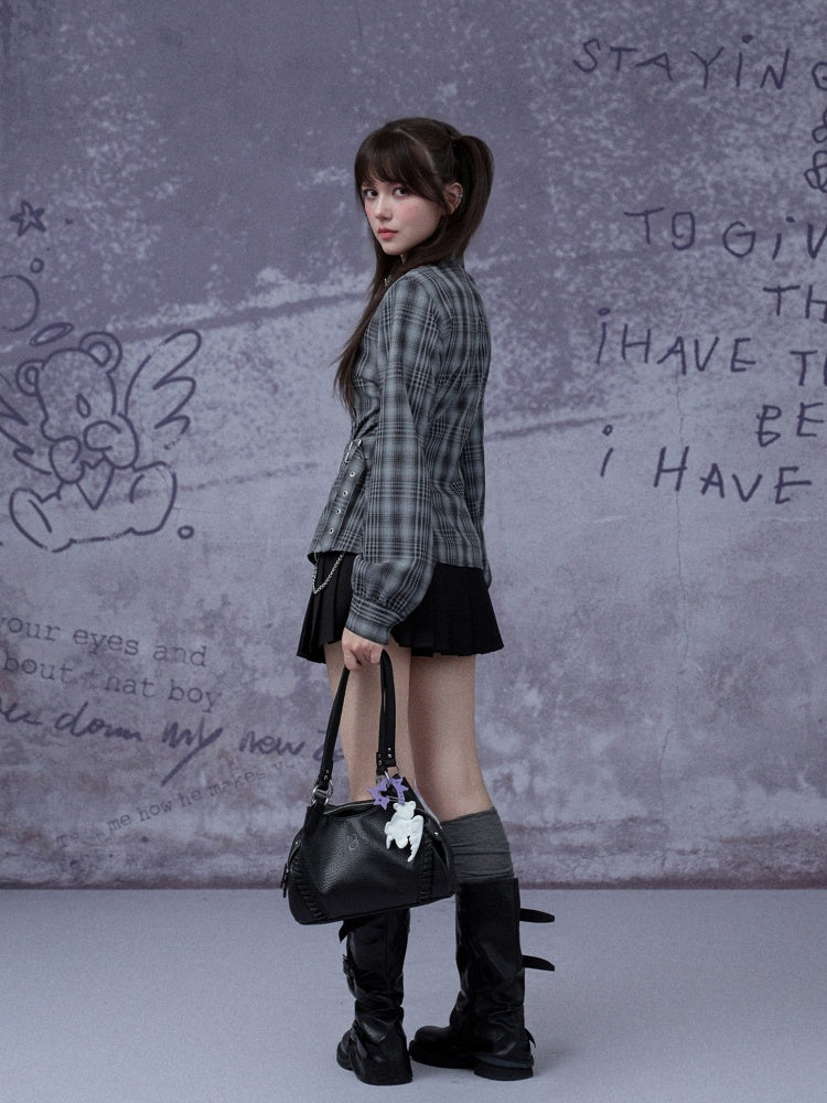 H-Shaped Slim Waist Plaid Irregular Placket Long-Sleeved Shirt【s0000015355】