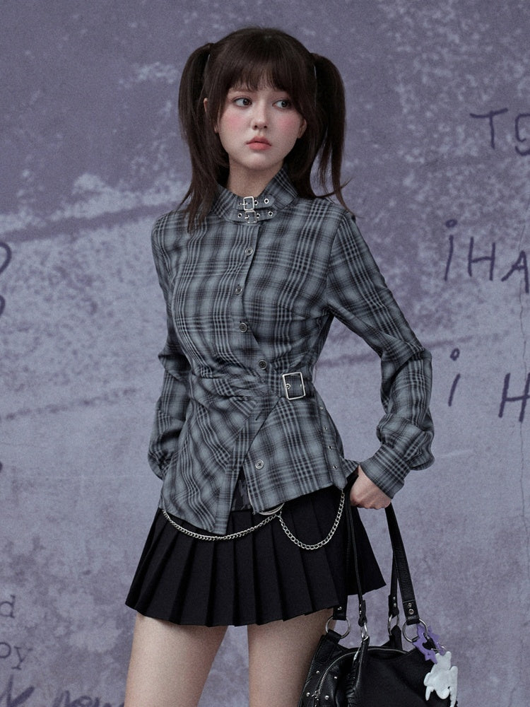 H-Shaped Slim Waist Plaid Irregular Placket Long-Sleeved Shirt【s0000015355】