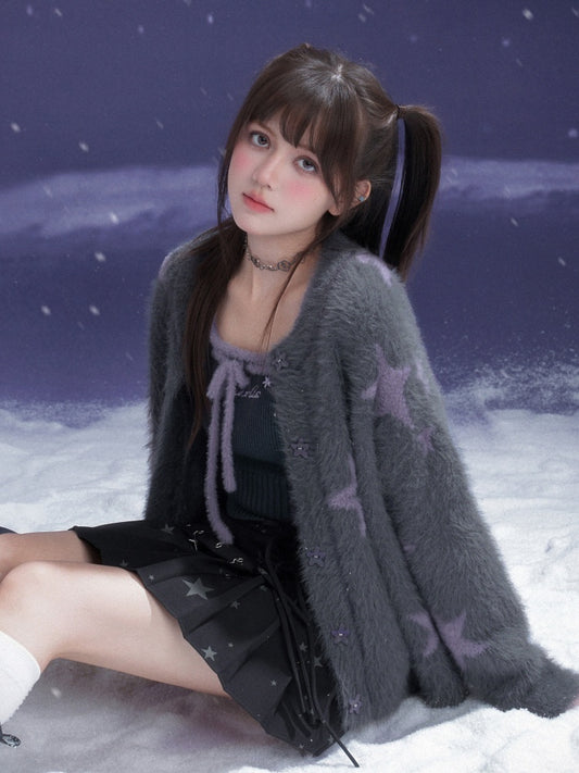 Star Imitation Mink Vest Cardigan Plush Two-Piece Set【s0000015357】