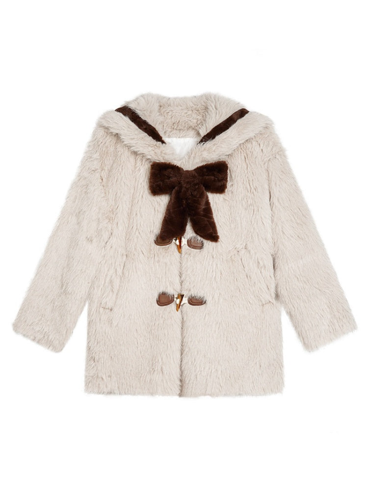 Warm Bear Sailor Collar Eco-Friendly Fur Padded Long Jacket With Bow Tie【s0000015358】
