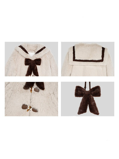 Warm Bear Sailor Collar Eco-Friendly Fur Padded Long Jacket With Bow Tie【s0000015358】