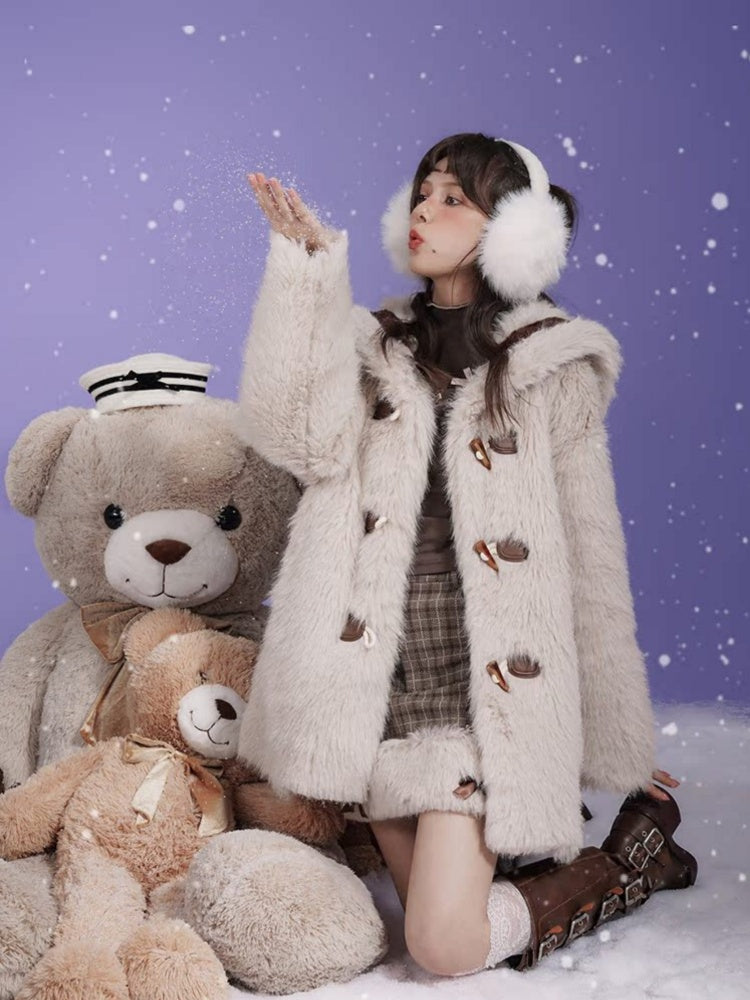 Warm Bear Sailor Collar Eco-Friendly Fur Padded Long Jacket With Bow Tie【s0000015358】