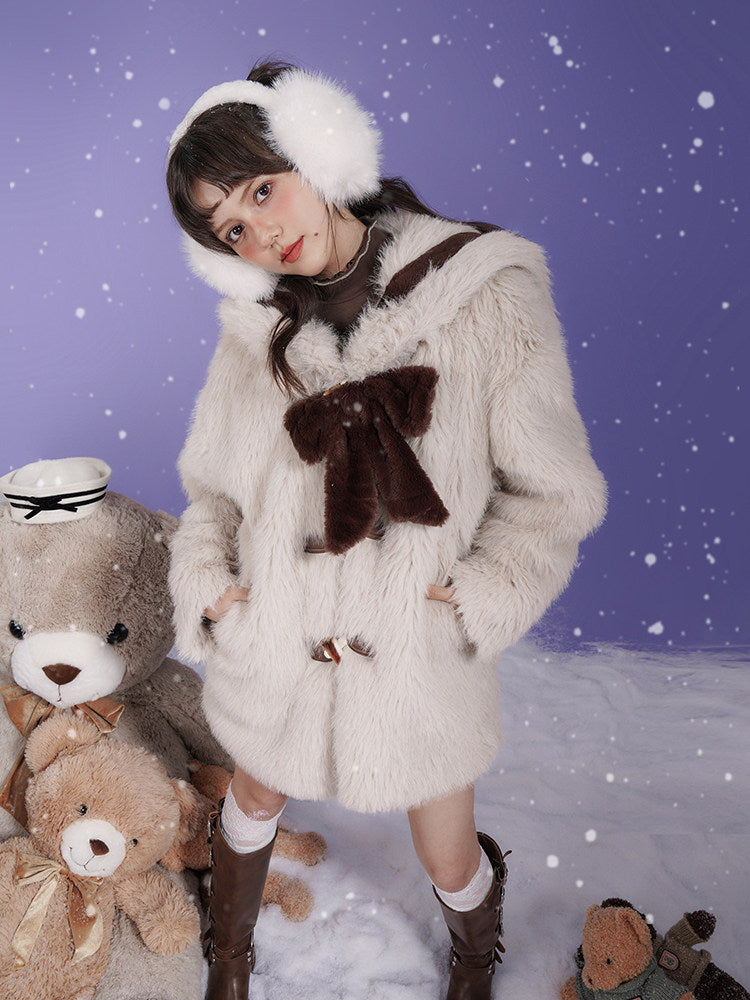Warm Bear Sailor Collar Eco-Friendly Fur Padded Long Jacket With Bow Tie【s0000015358】