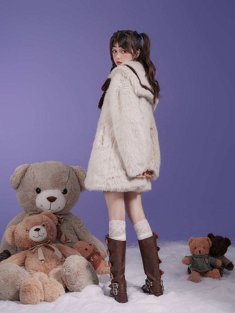 Warm Bear Sailor Collar Eco-Friendly Fur Padded Long Jacket With Bow Tie【s0000015358】