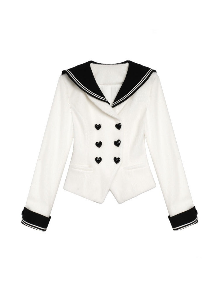 Milk Rabbit Velvet Eco-Fur Sailor Collar Heart Button Double-Breasted Jacket【s0000015359】