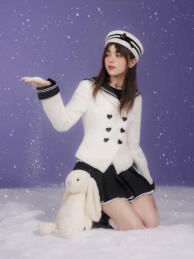 Milk Rabbit Velvet Eco-Fur Sailor Collar Heart Button Double-Breasted Jacket【s0000015359】