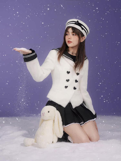 Milk Rabbit Velvet Eco-Fur Sailor Collar Heart Button Double-Breasted Jacket【s0000015359】
