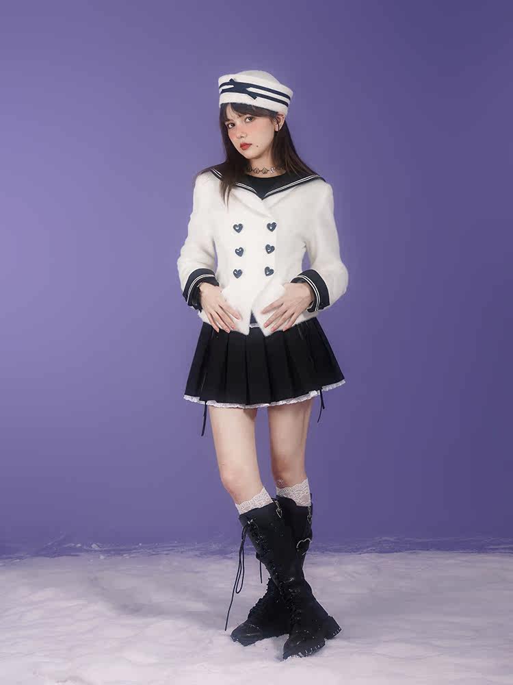 Milk Rabbit Velvet Eco-Fur Sailor Collar Heart Button Double-Breasted Jacket【s0000015359】