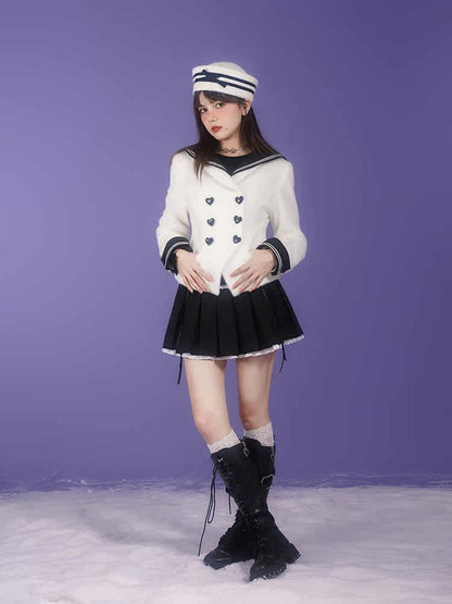 Milk Rabbit Velvet Eco-Fur Sailor Collar Heart Button Double-Breasted Jacket【s0000015359】