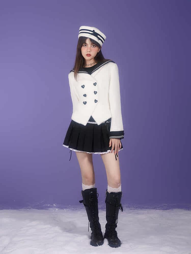 Milk Rabbit Velvet Eco-Fur Sailor Collar Heart Button Double-Breasted Jacket【s0000015359】