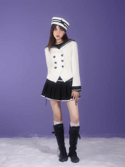 Milk Rabbit Velvet Eco-Fur Sailor Collar Heart Button Double-Breasted Jacket【s0000015359】
