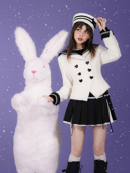 Milk Rabbit Velvet Eco-Fur Sailor Collar Heart Button Double-Breasted Jacket【s0000015359】