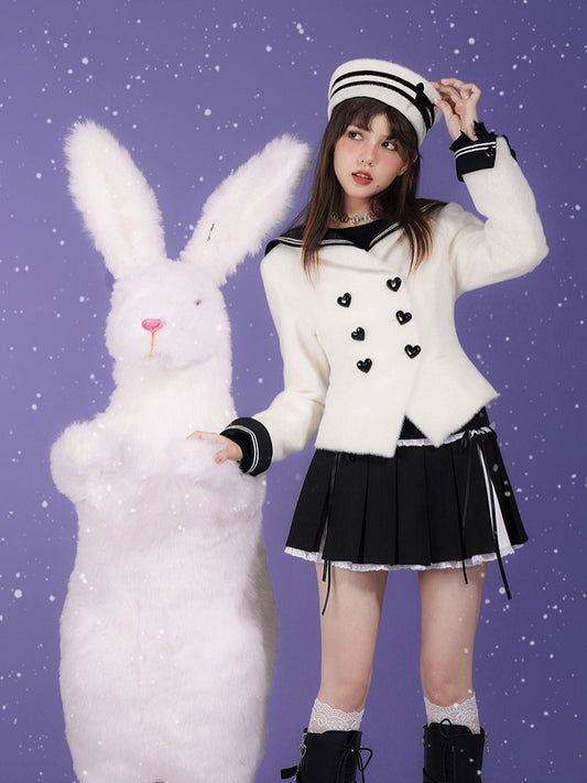 Milk Rabbit Velvet Eco-Fur Sailor Collar Heart Button Double-Breasted Jacket【s0000015359】